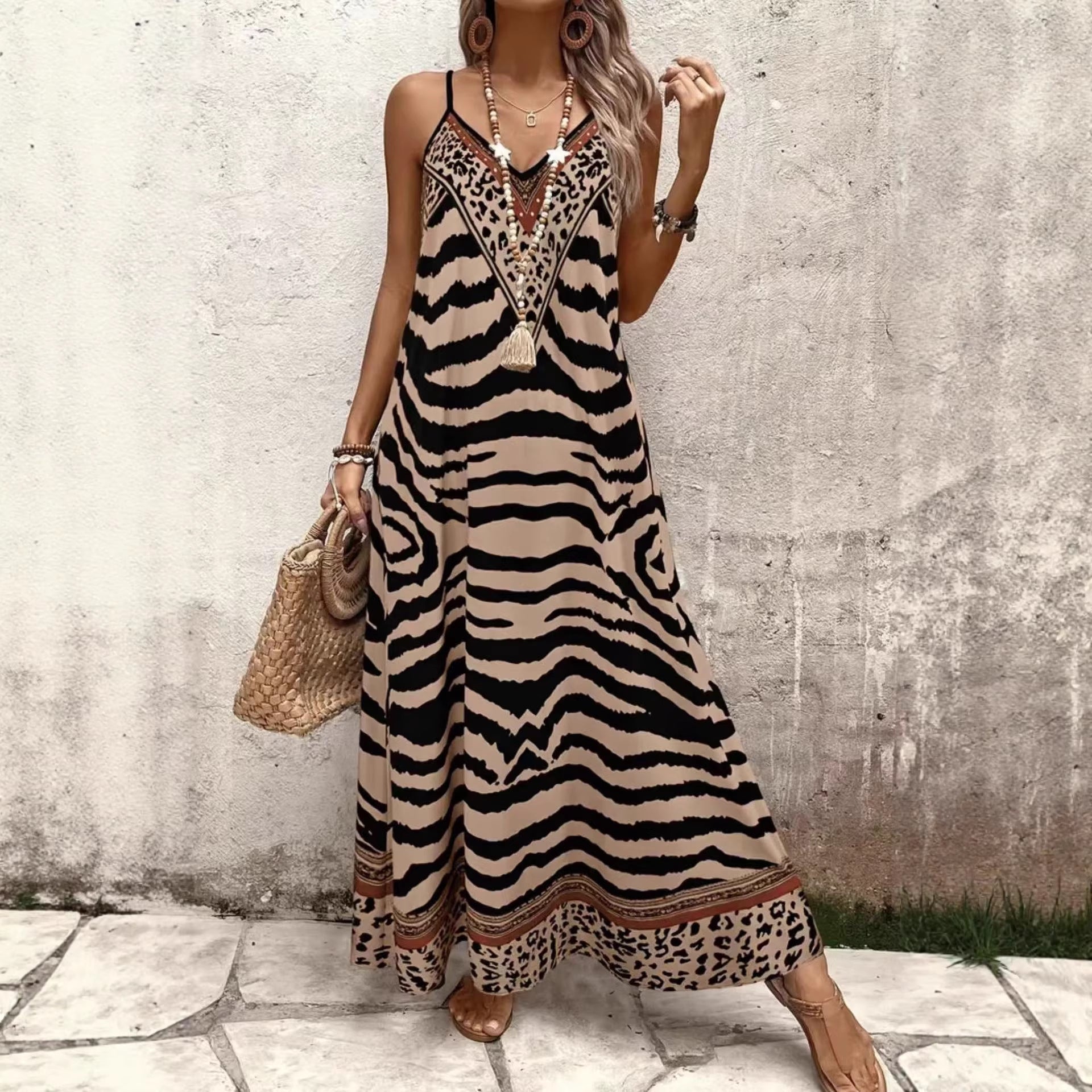 leopard print loose dress Maxi Fit Model is 56 US Size:US8 Vintage Black and Burgundy DROP_FEB26-D2