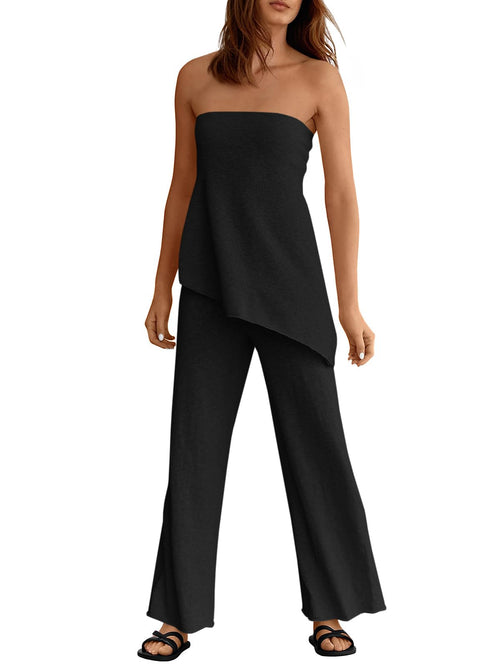 Tankaneo Womens 2 Piece Outfits Asymmetrical Tube Top Wide Leg Pants Knit Vacation Travel 2026 Matching Lounge Sets