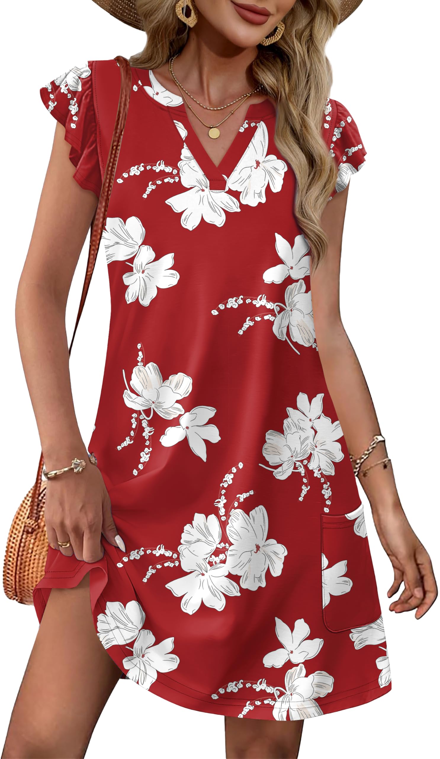 OFEEFAN Spring Summer Dresses for Women 2026 Casual Ruffle Sleeve V Neck Loose Swing Sundresses with Pockets Plain/Print