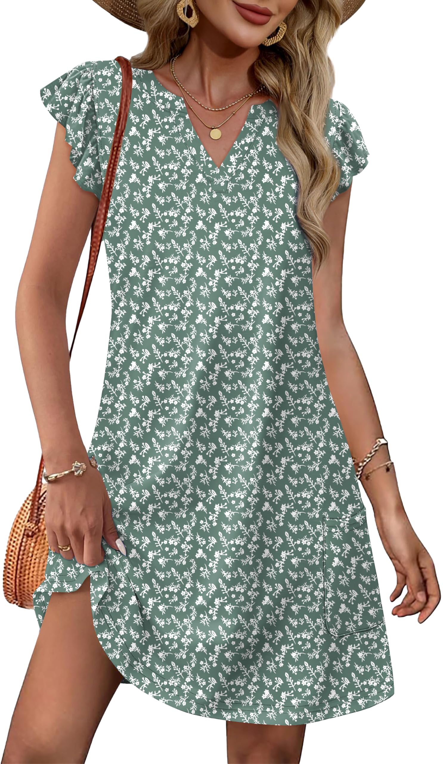 OFEEFAN Spring Summer Dresses for Women 2026 Casual Ruffle Sleeve V Neck Loose Swing Sundresses with Pockets Plain/Print