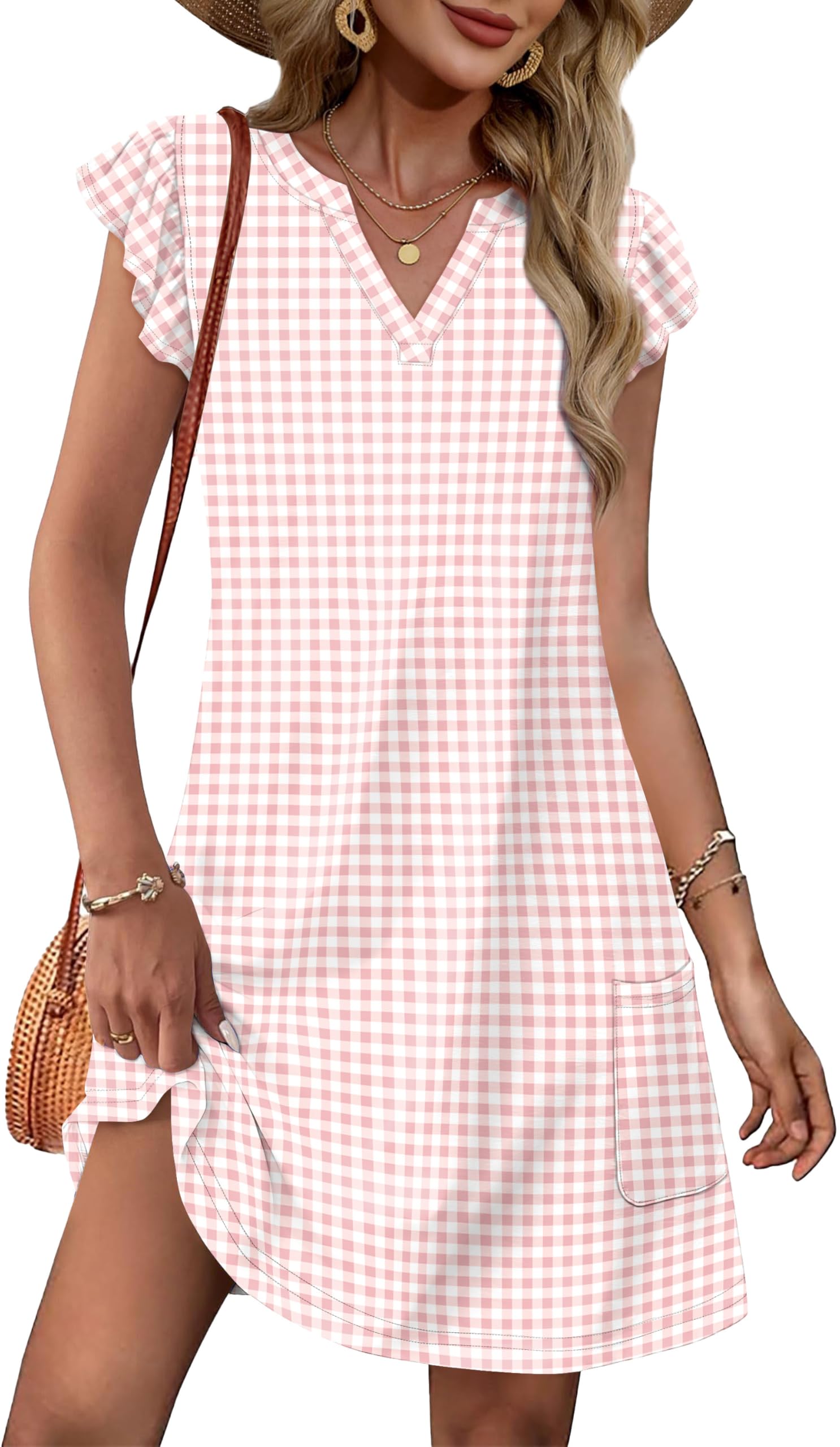 OFEEFAN Spring Summer Dresses for Women 2026 Casual Ruffle Sleeve V Neck Loose Swing Sundresses with Pockets Plain/Print