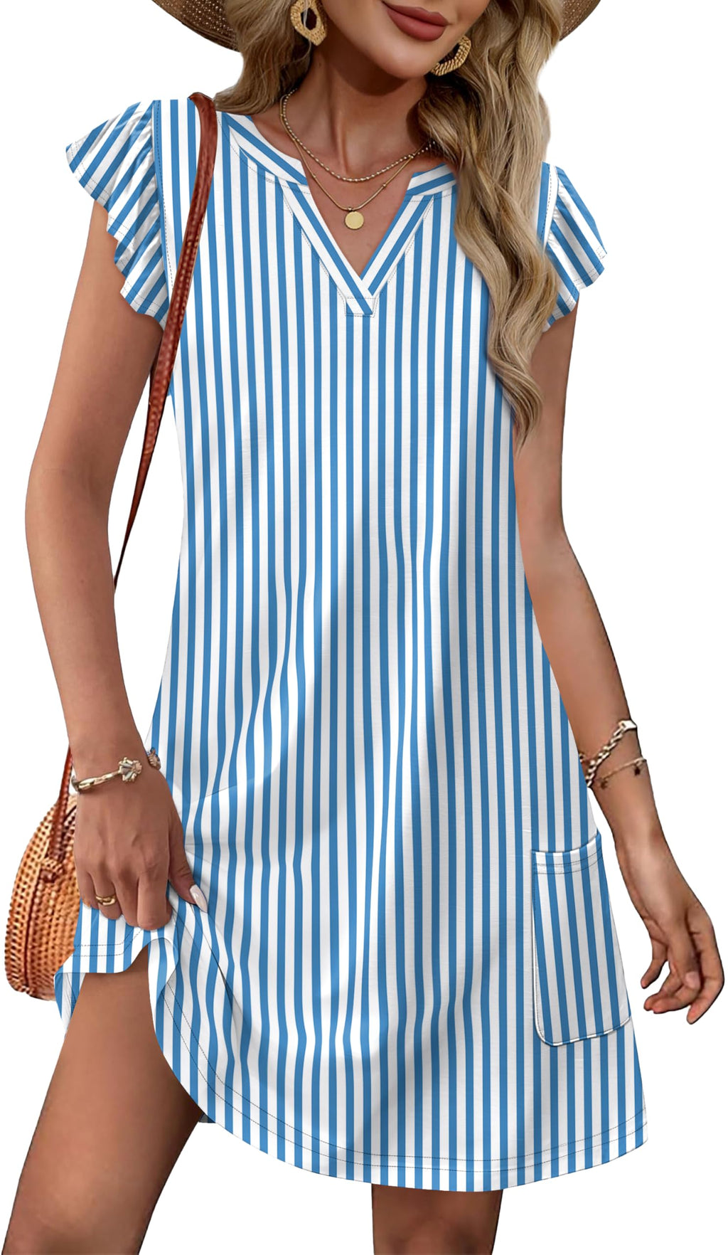 OFEEFAN Spring Summer Dresses for Women 2026 Casual Ruffle Sleeve V Neck Loose Swing Sundresses with Pockets Plain/Print