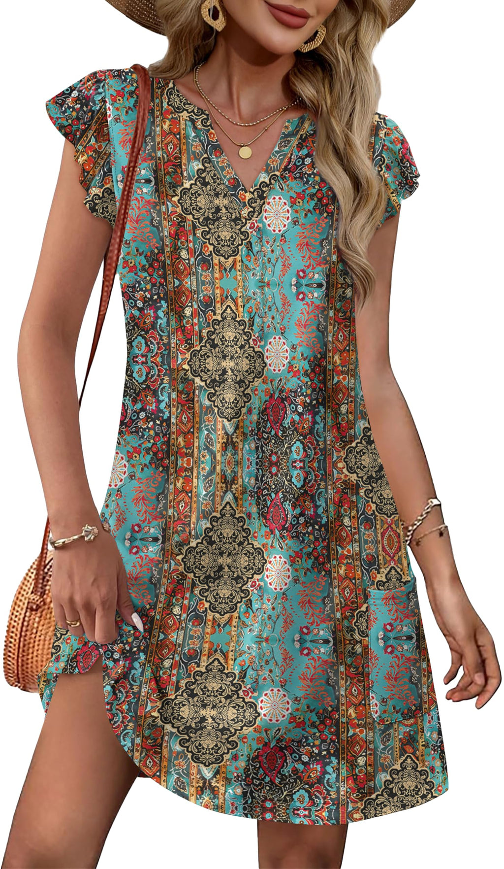 OFEEFAN Spring Summer Dresses for Women 2026 Casual Ruffle Sleeve V Neck Loose Swing Sundresses with Pockets Plain/Print