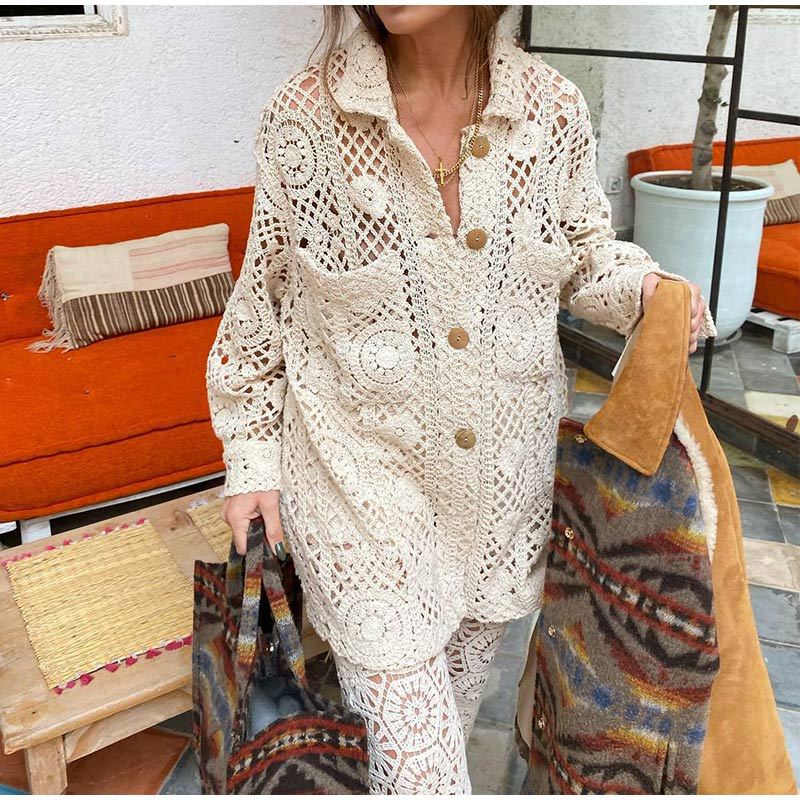Women's Open Knit Cardigan – Lattice Lapel Layering Piece