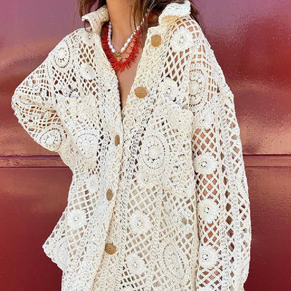 Women's Open Knit Cardigan – Lattice Lapel Layering Piece